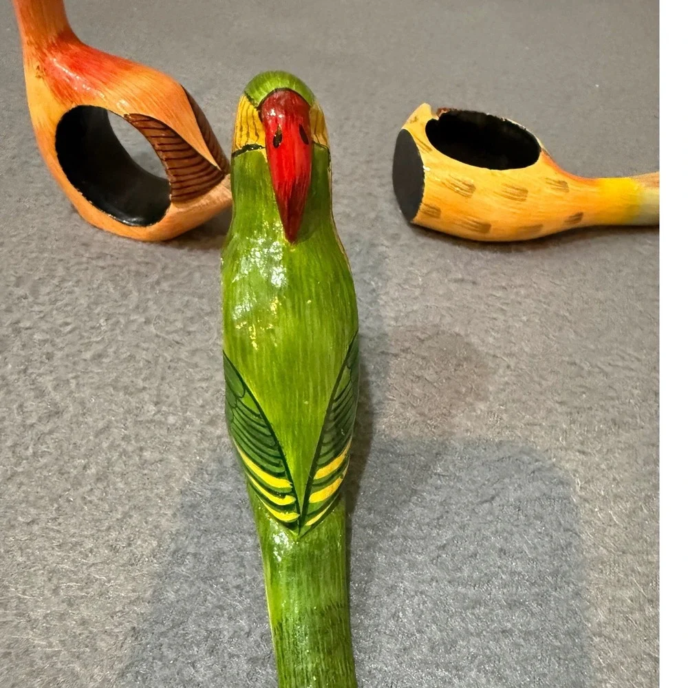 Vintage Hand Painted Wooden Bird Napkin Rings Set of 4 Tropical Folk Art Decor